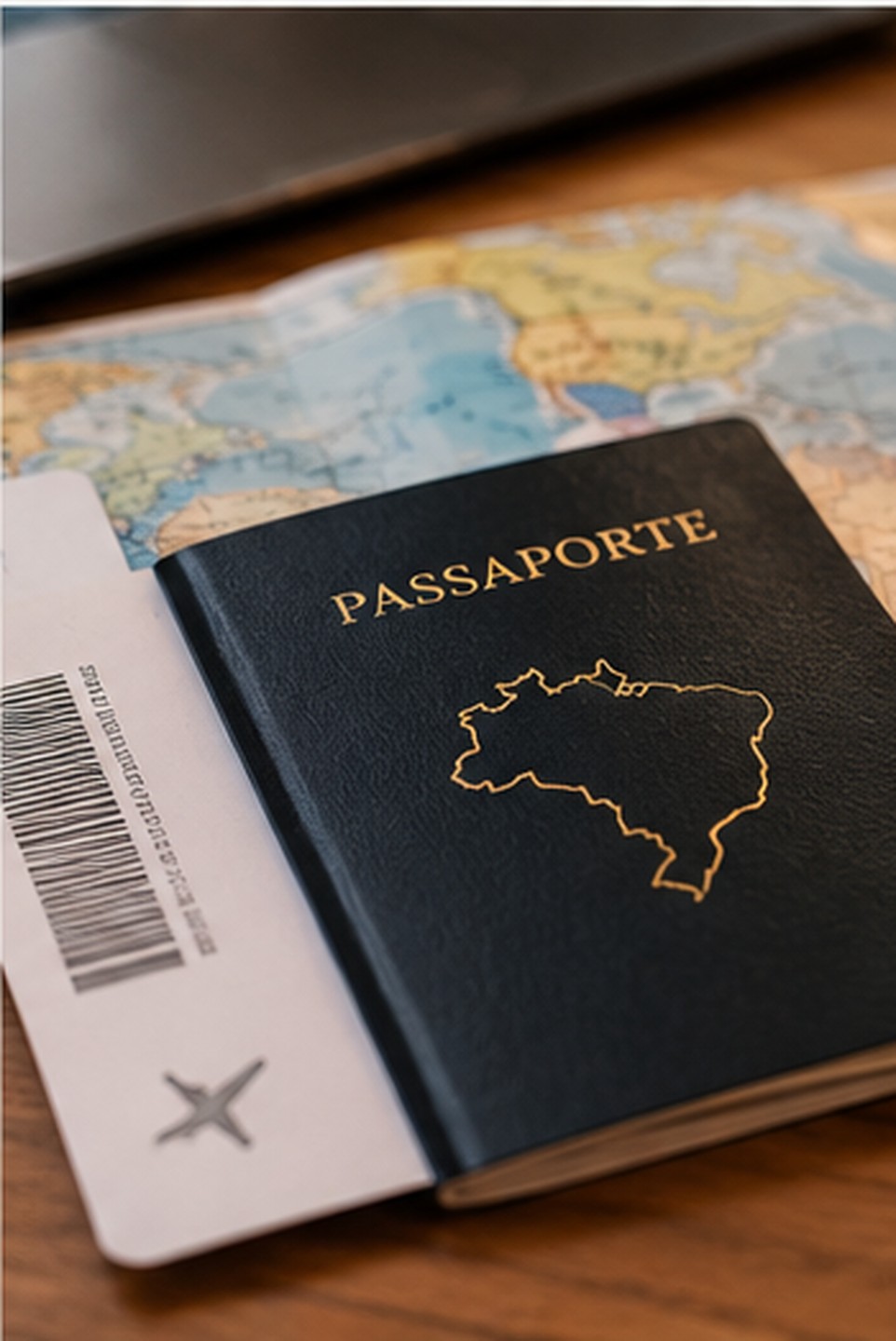 Planejamento de viagem com passaporte, mapa, câmera e caderno sobre uma mesa.